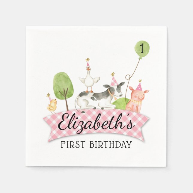 Barnyard Party Napkins, Girls Barnyard Birthday Napkins (Front)