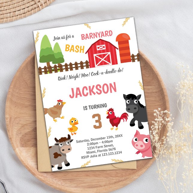 Barnyard Party Theme Invitation (Red Farm Animals Birthday Invitations)