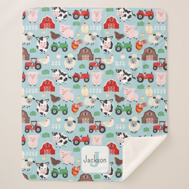 Barnyard Pattern Farm Animal Cute Kids Sherpa Blanket (Front)