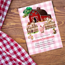 Barnyard Pink Plaid Farm Animals Baby Shower Girl Invitation