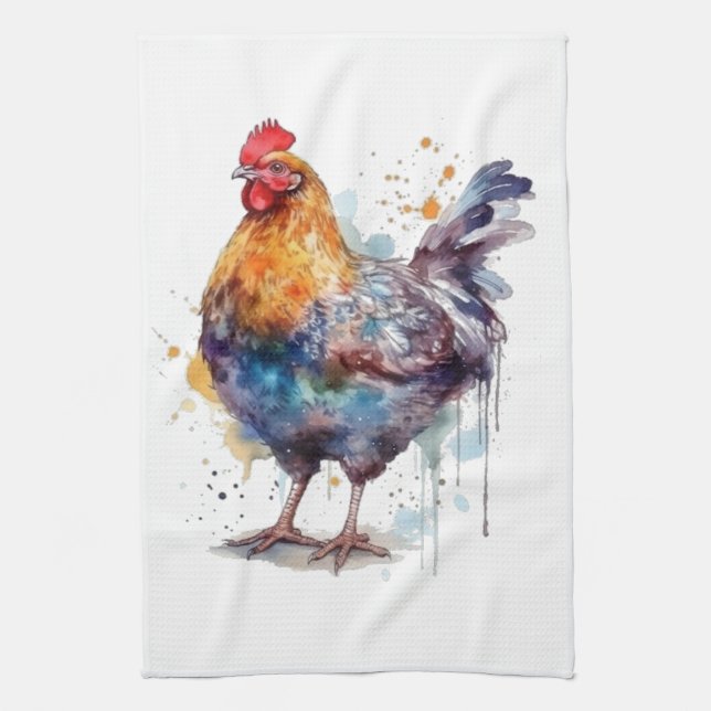 Barnyard Splendor: Watercolor Hen Kitchen Towel (Vertical)