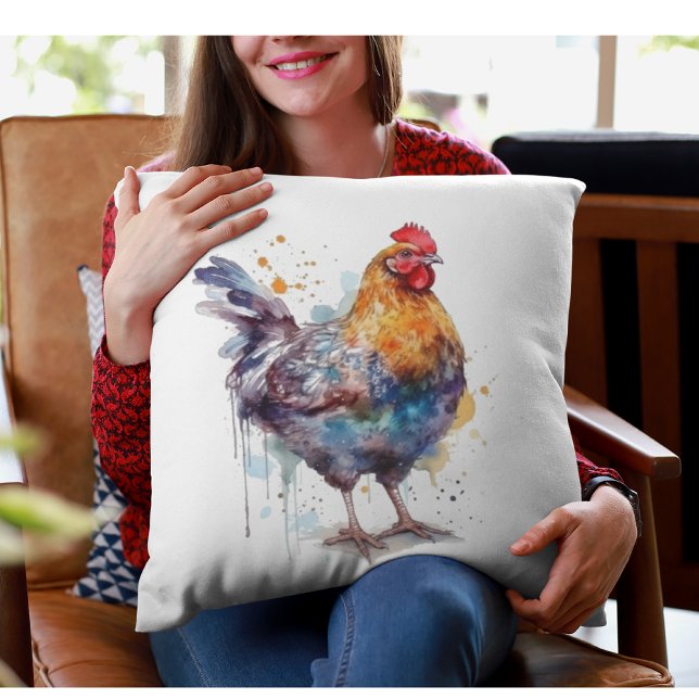 Barnyard Splendor: Watercolor Hen Throw Pillow (Creator Uploaded)