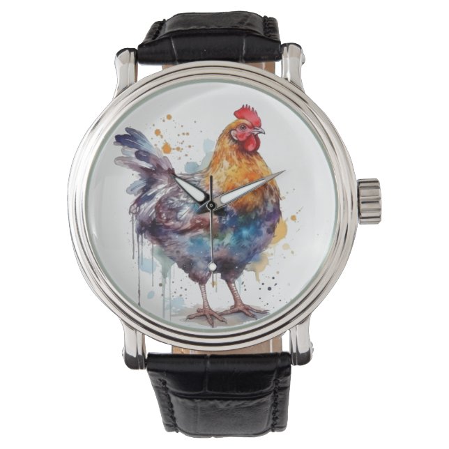 Barnyard Splendor: Watercolor Hen Watch (Front)