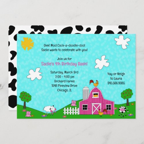 Barnyard Whimsy Pink Barn Animals Cow Print Farm  Invitation
