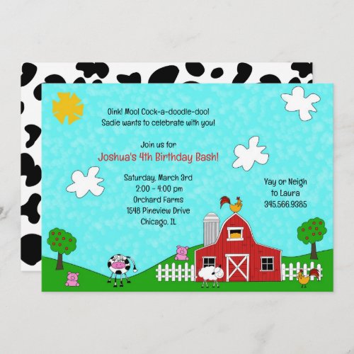 Barnyard Whimsy Red Barn Animals Cow Print Farm  Invitation