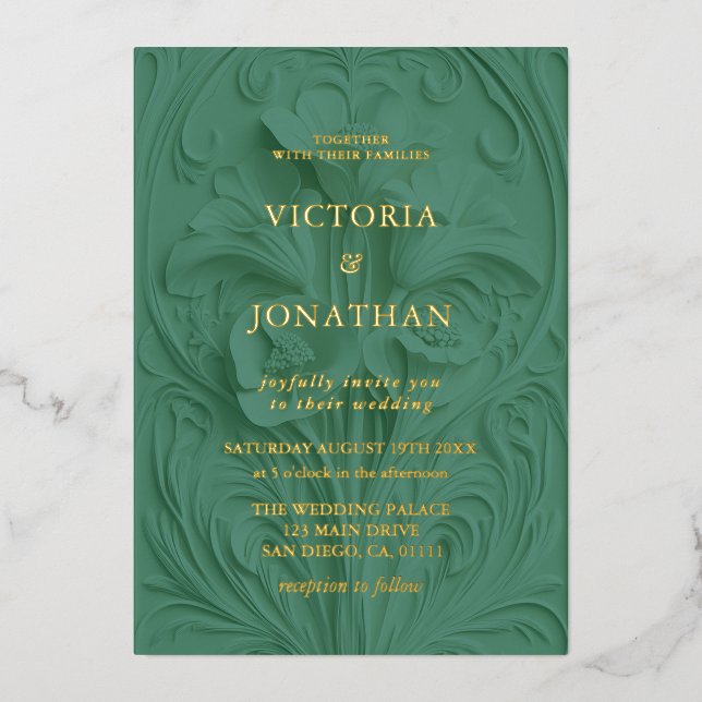 Barocco Floral Wedding Green  Foil Invitation (Front)