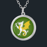 Barony of Wyvernwoode Populace Badge Silver Plated Necklace<br><div class="desc">“(Fieldless) A wyvern passant argent winged and bellied or.” Background color (shown green) can be changed on request.</div>