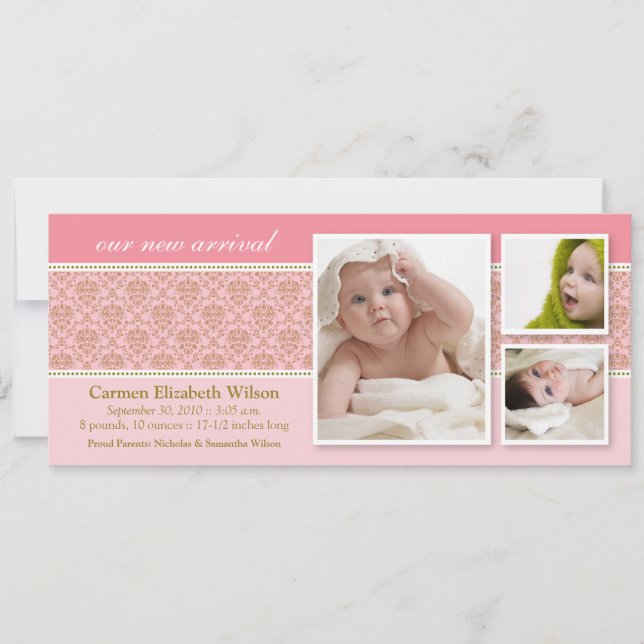 Baroque 3-Photo Birth Announcement (pink) (Front)