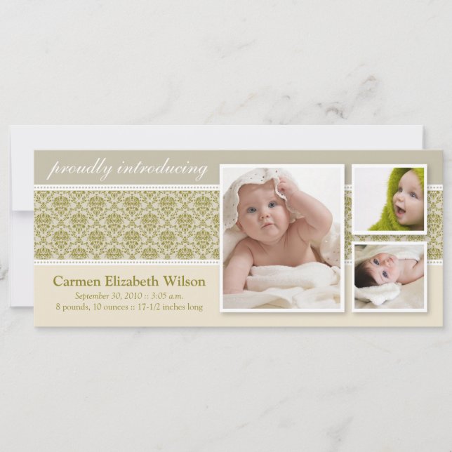 Baroque 3-Photo Birth Announcement (taupe) (Front)