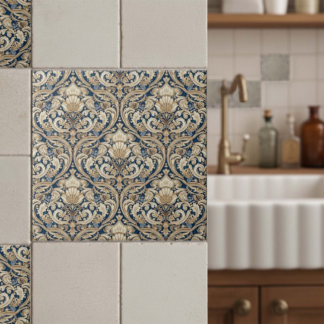 Baroque Acanthus Swirls Pat#3 Blue Gold ID1194 Ceramic Tile (Creator Uploaded)