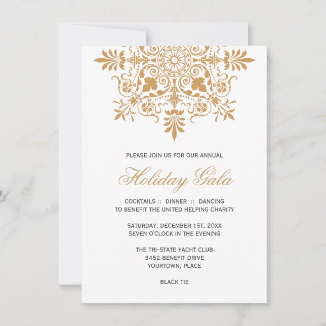 Baroque Amber Ornamental Holiday Gala Invitation (Front)