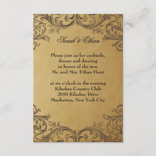 Baroque Antique Gold Wedding Reception Cards (Front)