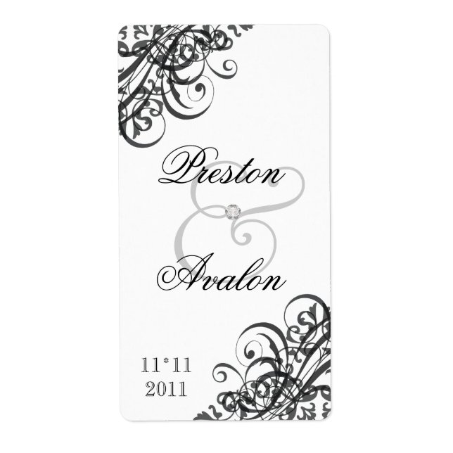 Baroque B&W Scroll Wedding Wine Label (Front)