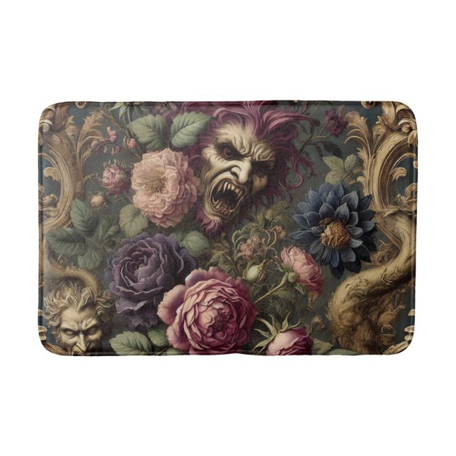 Baroque Battles & Blooms – Gothic Floral Design Bath Mat (Front)