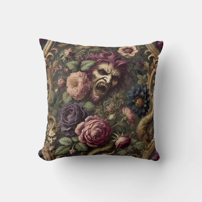 Baroque Battles & Blooms – Gothic Floral Design Throw Pillow (Front)