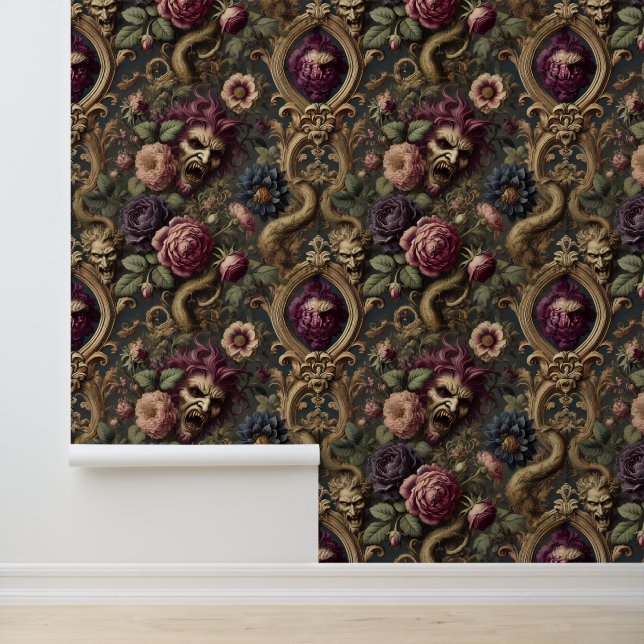 Baroque Battles & Blooms – Gothic Floral Design Wallpaper (Application)