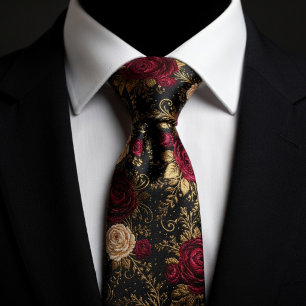 Baroque Black & Burgundy Roses Neck Tie