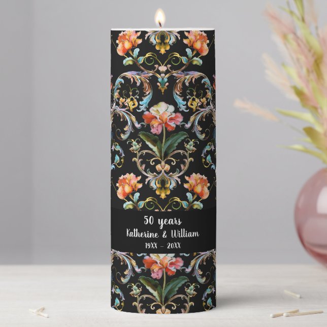 Baroque black damask floral 50th anniversary pillar candle (In Situ)