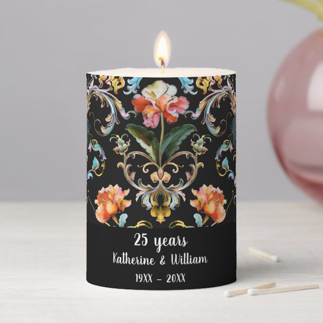 Baroque black damask floral anniversary pillar candle (In Situ)