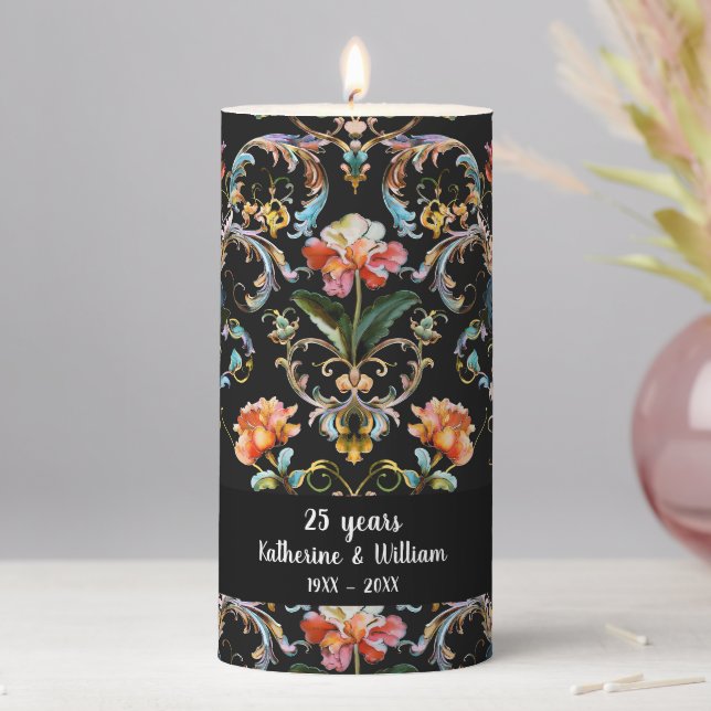 Baroque black damask floral anniversary pillar candle (In Situ)