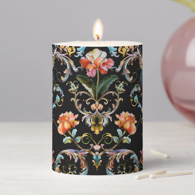 Baroque black damask floral pillar candle (In Situ)