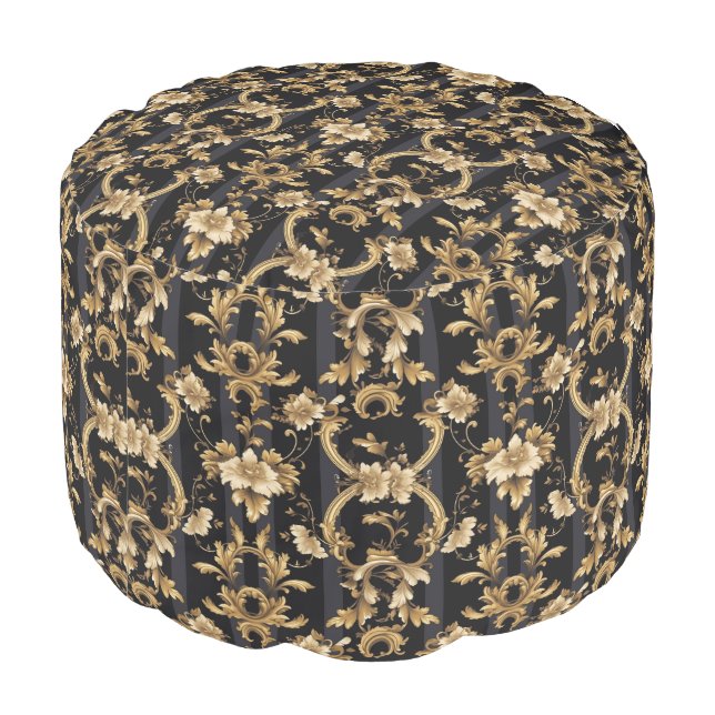 Baroque black gold floral pattern pouf (Angled Back)