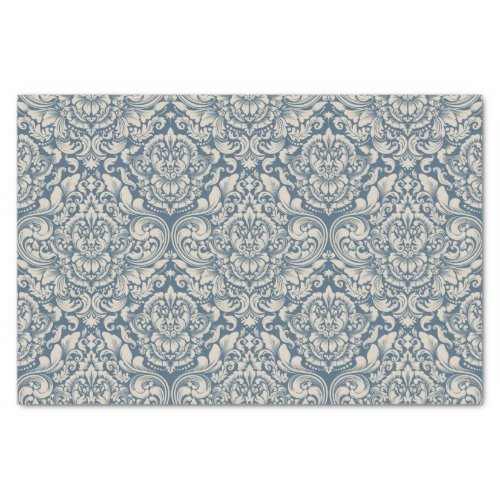 Baroque Blue Damask Brocade on White Decoupage Tissue Paper