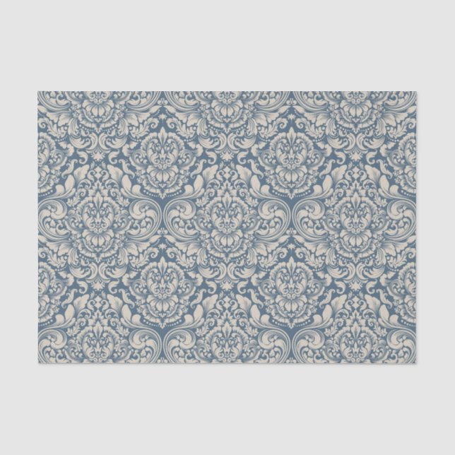 Baroque Blue Damask Brocade on White Decoupage Tissue Paper (Front)