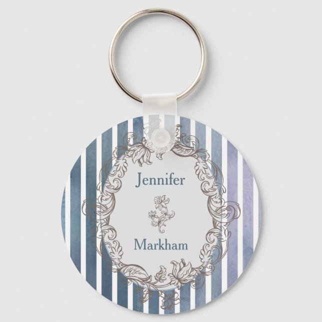 Baroque Blue-Gray Watercolor Stripe  Keychain (Front)