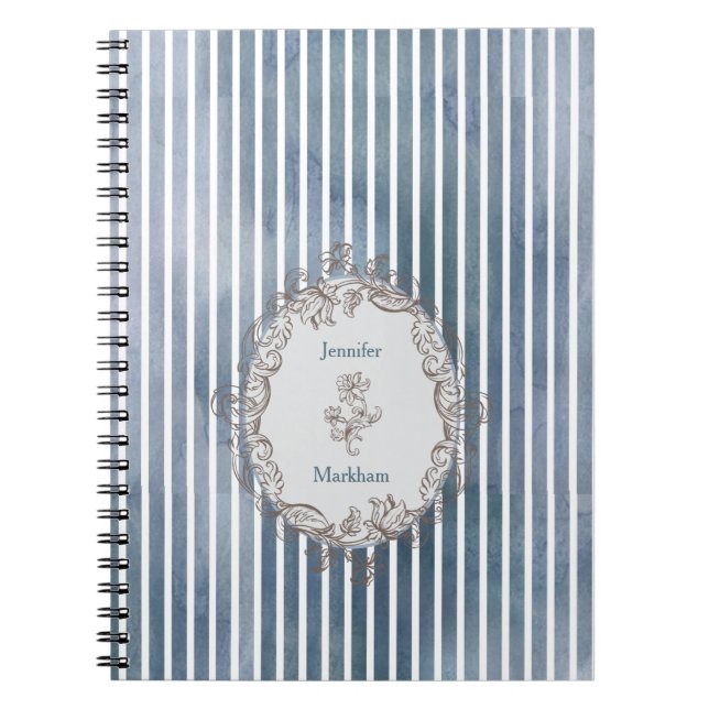 Baroque Blue-Gray Watercolor Stripe  Notebook (Front)