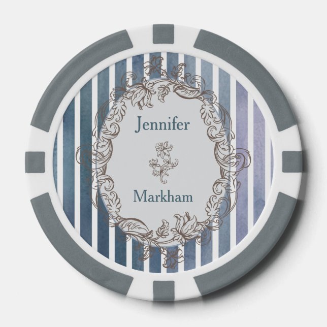 Baroque Blue-Gray Watercolor Stripe  Poker Chips (Front)