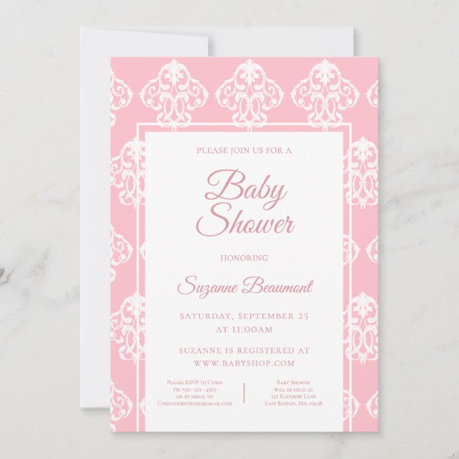Baroque Boho Pink White Baby Shower Invitation (Front)