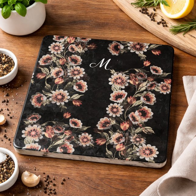 Baroque Botanical Floral Marble  Monogram Gift Trivet (Creator Uploaded)