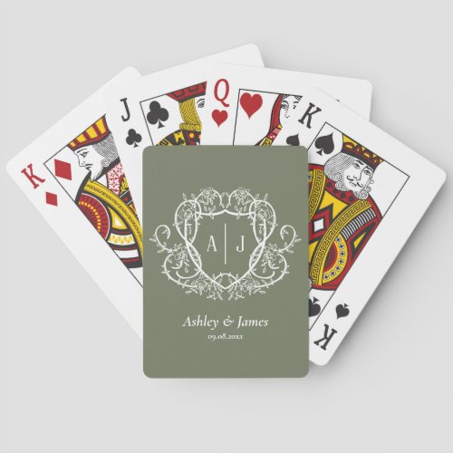 Baroque Botanical Sage Monogram Crest Wedding Poker Cards