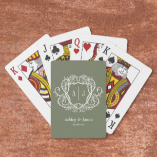 Baroque Botanical Sage Monogram Crest Wedding Poker Cards