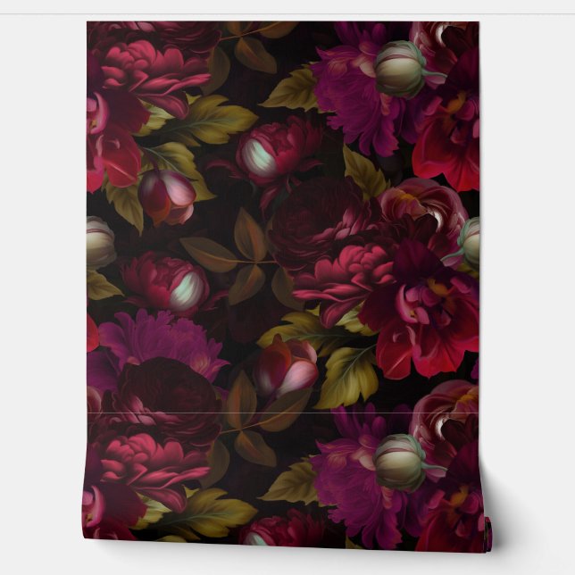 Baroque burgundy  goth moody floral garden wallpap wallpaper  (Unrolling)