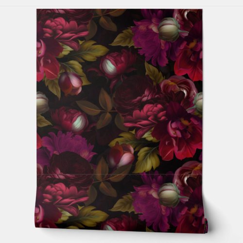 Baroque burgundy  goth moody floral garden wallpaper 