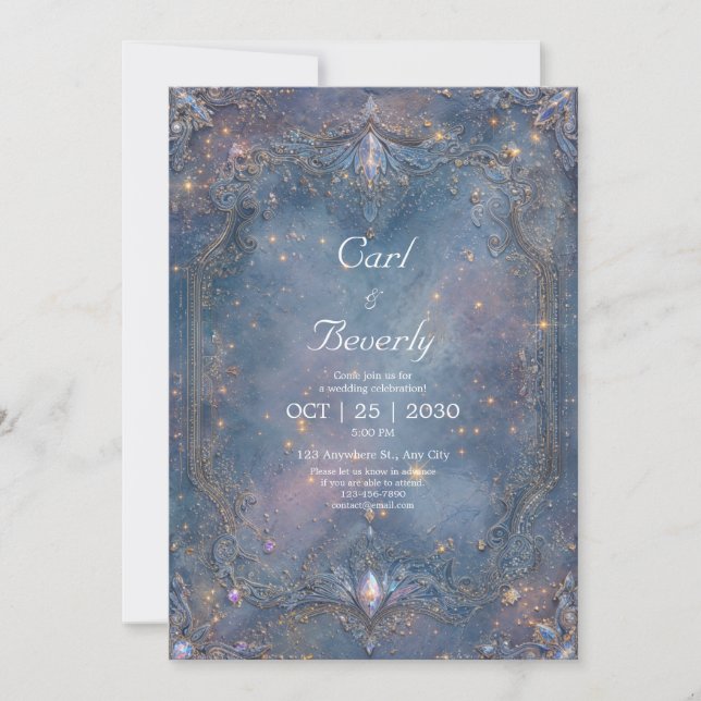 Baroque Celestial Blue Gold Gemstone Wedding Invitation (Front)