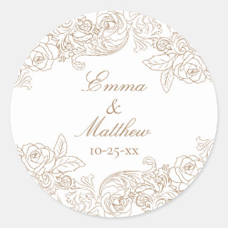 Baroque Circular Golden Brown Wedding Logo Classic Round Sticker