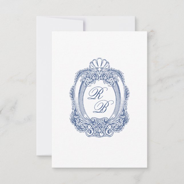 Baroque Crest French Blue Initials Antique Wedding Note Card (Front)