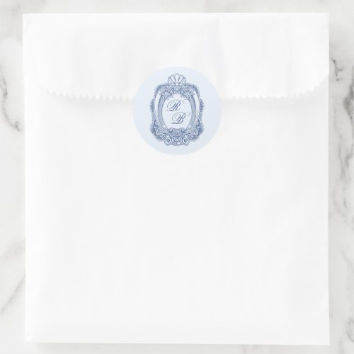 Baroque Crest French Blue Initials Wedding Classic Round Sticker
