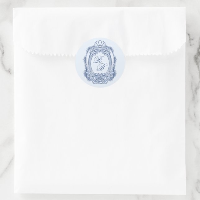 Baroque Crest French Blue Initials Wedding Classic Round Sticker (Bag)