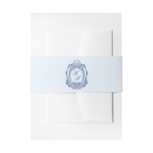 Baroque Crest French Blue Initials Wedding Invitation Belly Band (Front Example)