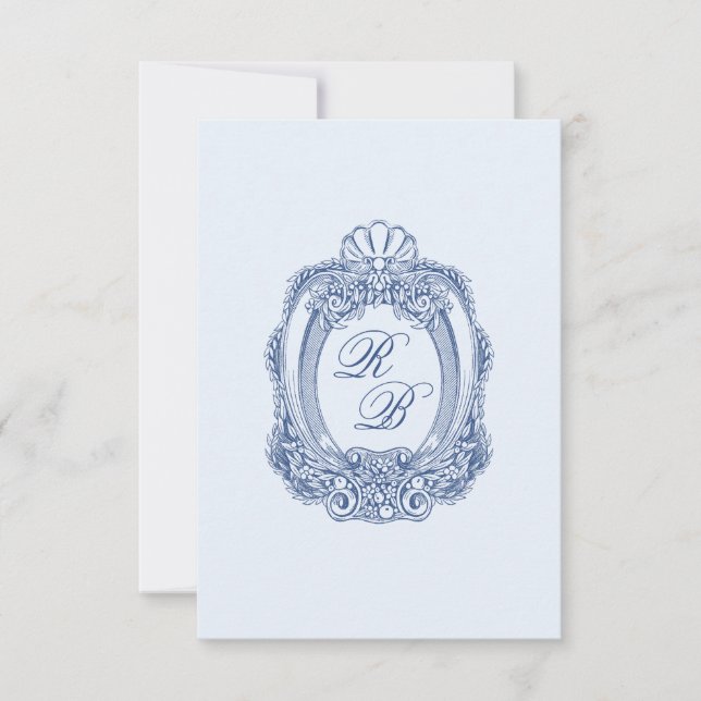 Baroque Crest French Blue Initials Wedding Note Card (Front)