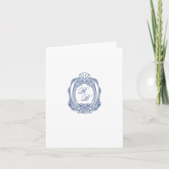 Baroque Crest French Blue Initials Wedding Photo Note Card (Front)