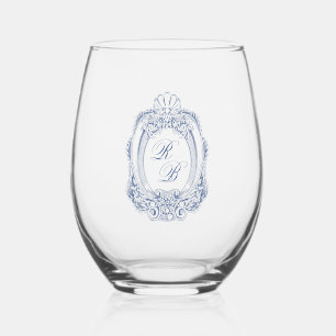 Baroque Crest French Blue Initials Wedding Stemless Wine Glass