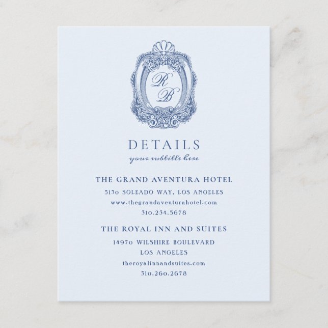 Baroque Crest French Blue Wedding Enclosure Card (Front)