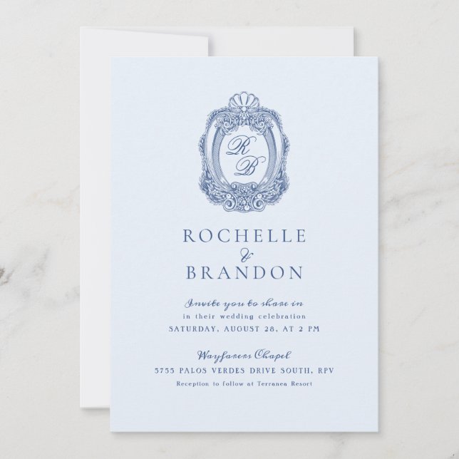 Baroque Crest French Blue Wedding Invitation (Front)