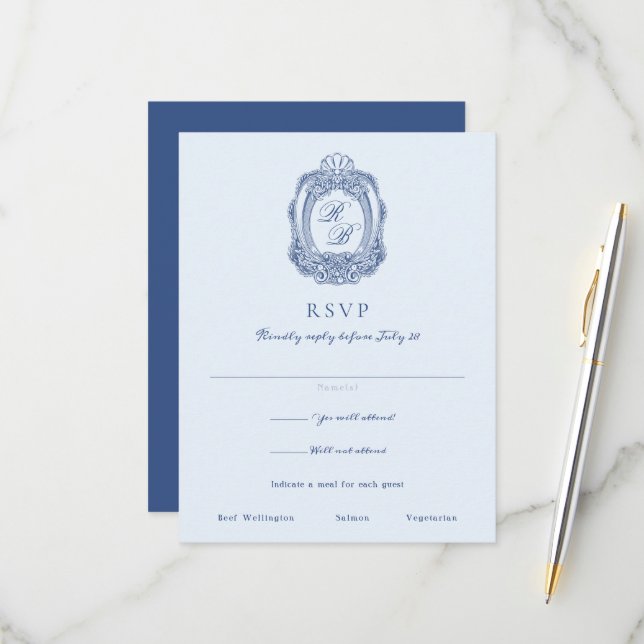 Baroque Crest French Blue Wedding RSVP Card (Front/Back In Situ)