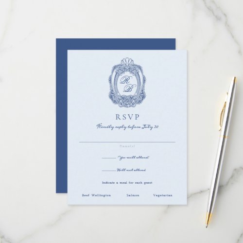 Baroque Crest French Blue Wedding RSVP Card